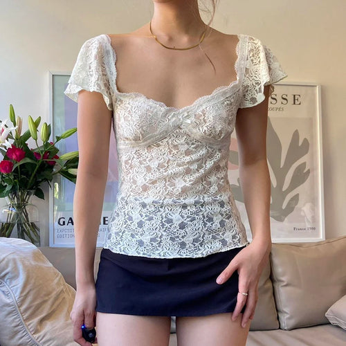 Load image into Gallery viewer, y2k Vintage Fashion White Lace T-shirts for Women Transparent Sexy Bow Sweet Kawaii French Korean Cropped Tops Party
