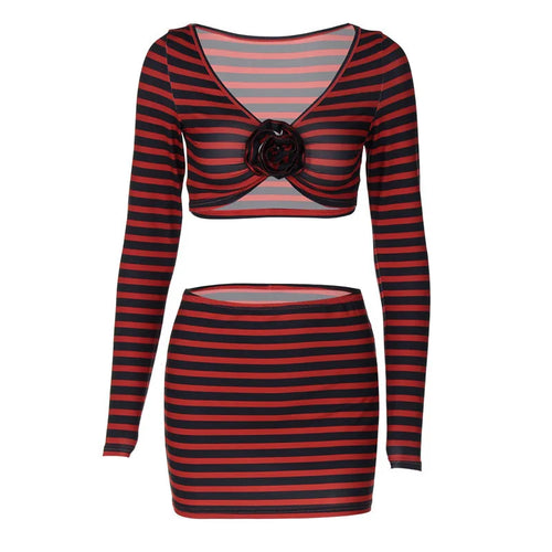 Load image into Gallery viewer, Striped Print Sexy Two Piece Set Women Floral V Neck Long Sleeve T-shirt And Mini Skirt Matching Set Sexy Two Piece Set
