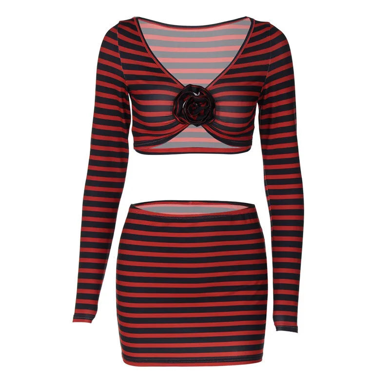 Striped Print Sexy Two Piece Set Women Floral V Neck Long Sleeve T-shirt And Mini Skirt Matching Set Sexy Two Piece Set