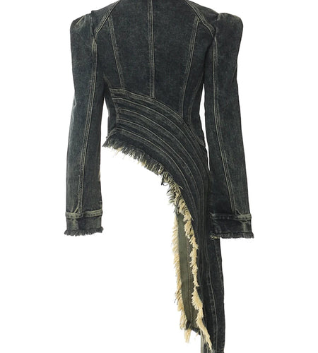 Blue Denim Irregular Hem Design Burr Slim Jacket New Lapel Long Sleeve Women Coat Fashion Tide Spring Autumn 2025 1DH5938