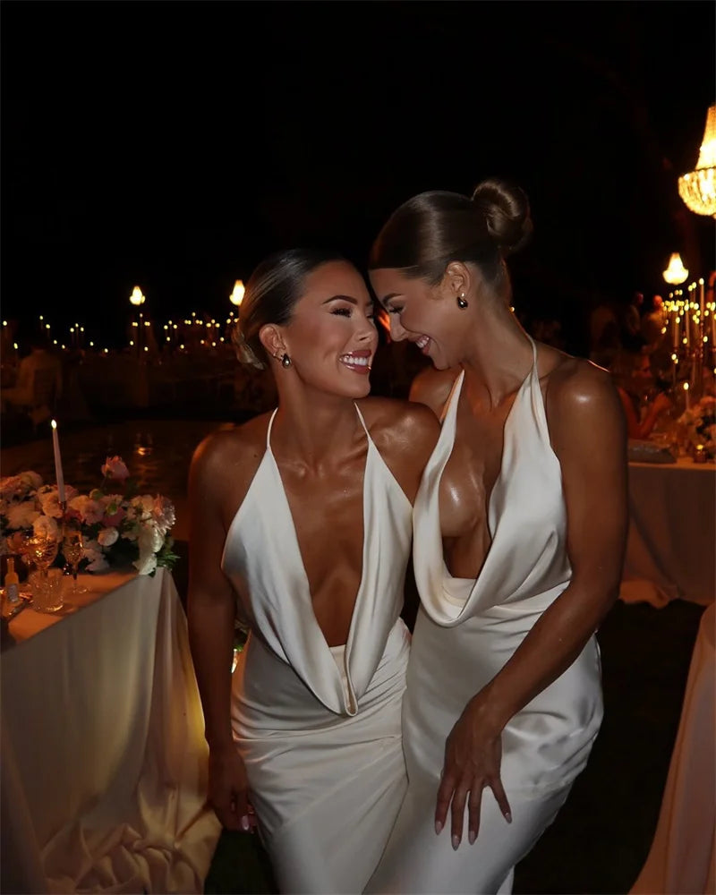 Satin Halter Backless Sexy Maxi Dress Women Gown Elegant Solid Sleeveless Lace-up High Waist Evening Club Long Dress