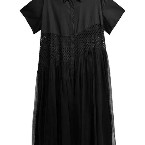 Load image into Gallery viewer, Women White Mesh Color-block Big Size Midi Shirt Dress New Lapel Short Sleeve Fashion Tide Spring Summer 2025 1DJ0045
