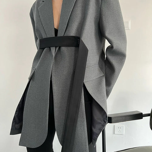 Load image into Gallery viewer, Women Gray Ribbon button Slit Elegant Big Size Blazer New Lapel Long Sleeve Jacket Fashion Tide Spring Autumn 2025 5W1003
