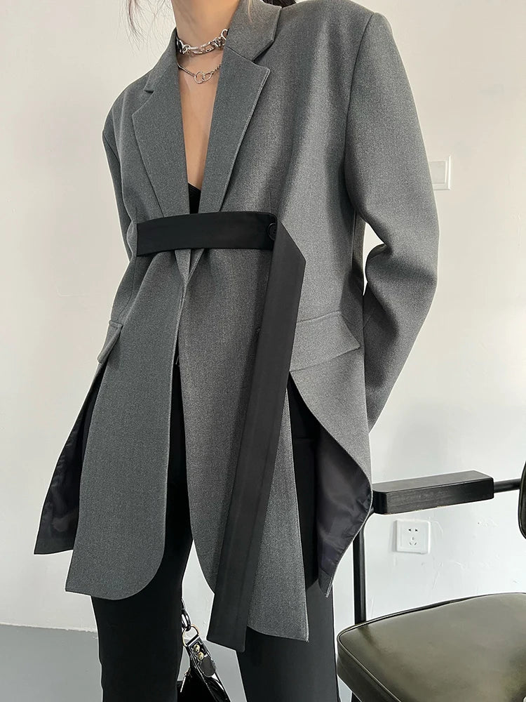 Women Gray Ribbon button Slit Elegant Big Size Blazer New Lapel Long Sleeve Jacket Fashion Tide Spring Autumn 2025 5W1003