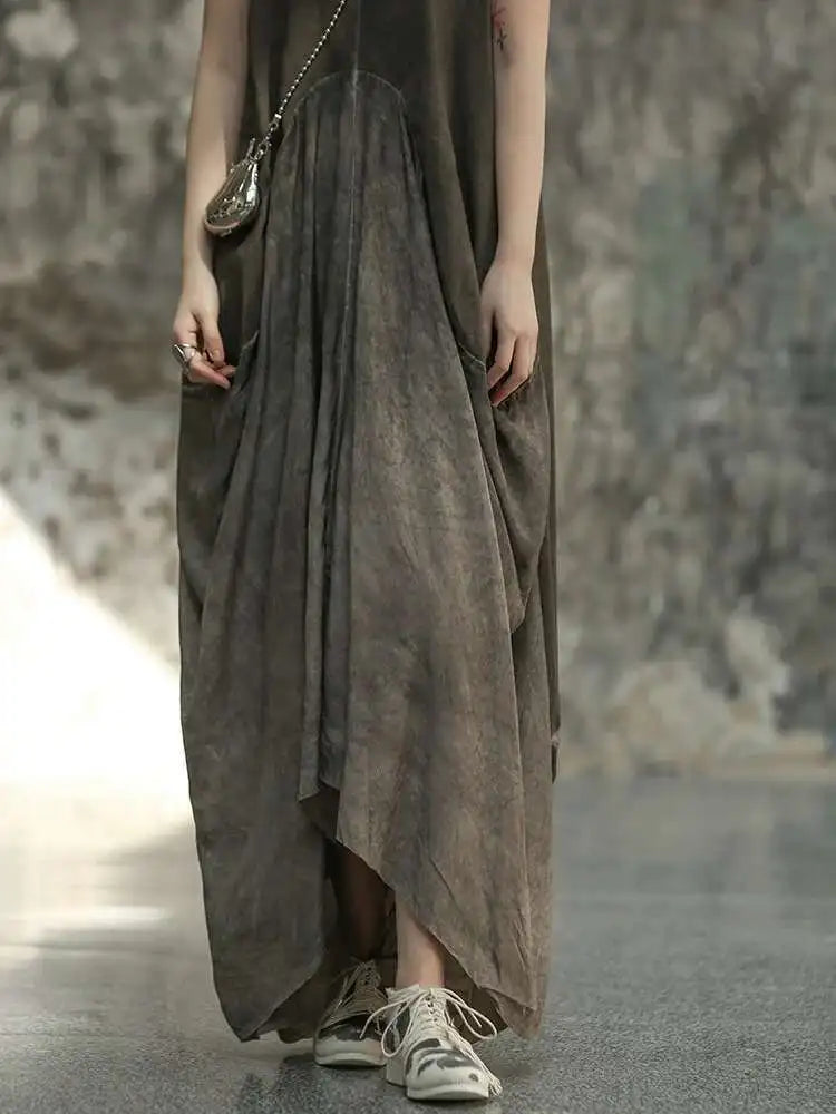 Women Orange Pleated Vintage Casual Dress New Round Neck Sleeveless Loose Fit Fashion Tide Spring Summer 2025 1DF6825