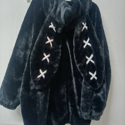 Load image into Gallery viewer, 2025 Winter Clothing Women Jackets Harajuku Rabbit Ears Punk Black Coats Thicked Furry Zipper Oversized Y2k Tops Ropa Mujer
