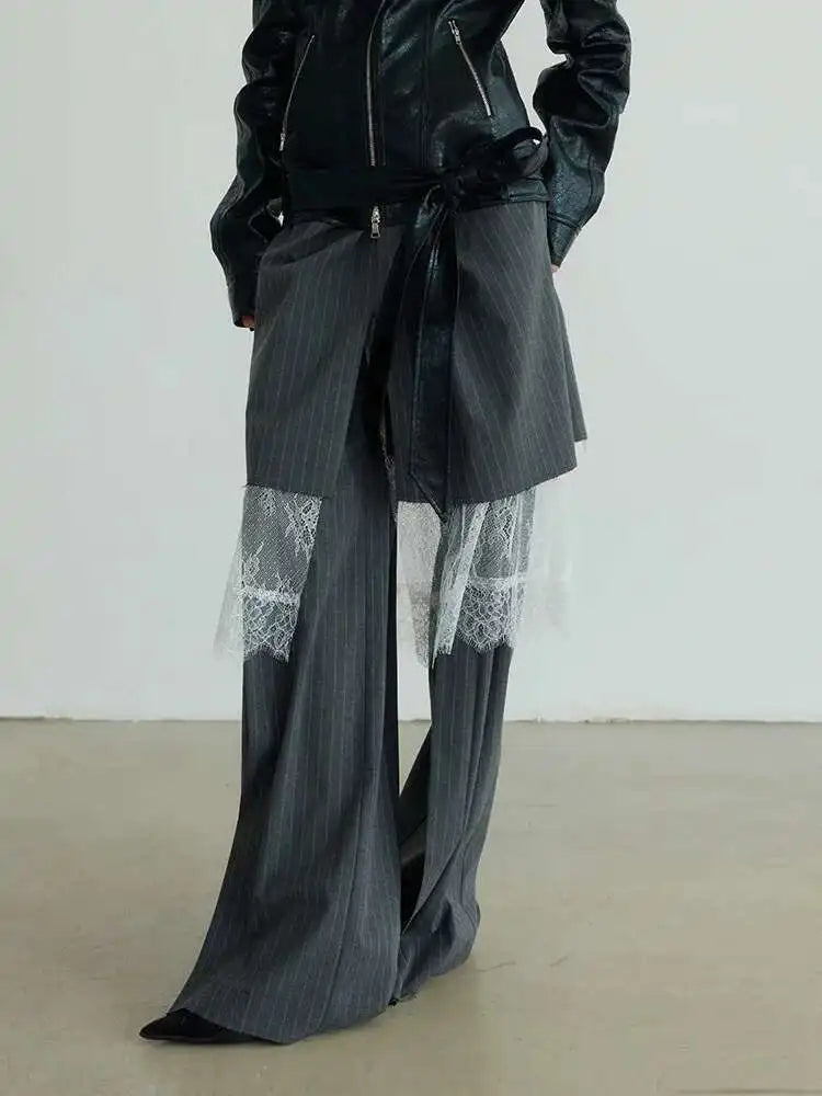 High Waist Gray Striped Lace Irregular Long Wide Leg Pants New Trousers Women Fashion Tide Spring Autumn 2025 1DH7081