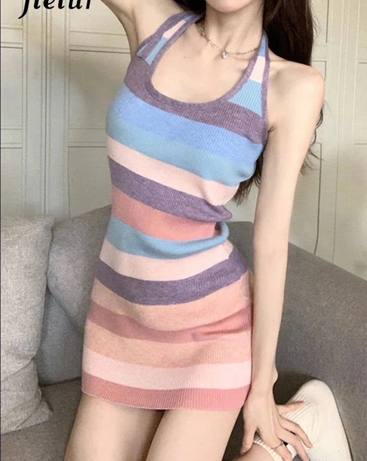 Striped Halter Tight Hip Slim Women's Dresses High Street Square Neck Backless Lace-up Summer Fashion Sexy Female Dress