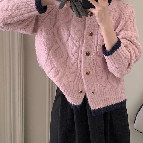 Load image into Gallery viewer, Loose O-neck Single-breasted Chic Cardigan Women Autumn Korean Retro Knitted Pink Jackets Solid Color Sweet Sweater Coats
