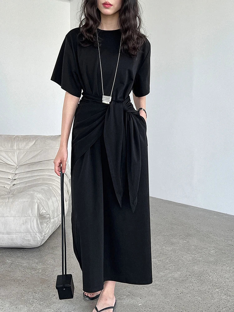 Women White Bandage Irregular Big Size Midi Dress New Round Neck Short Sleeve Fashion Tide Spring Summer 2025 1DJ1263