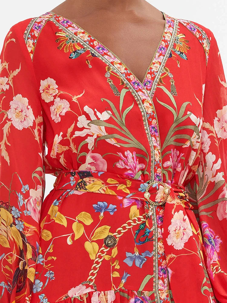 Floral Print Dresses For Women V Neck Lantern Sleeve Gatheres Waist Patchwork Belt A Line Fashion Dress Female Spring 2023