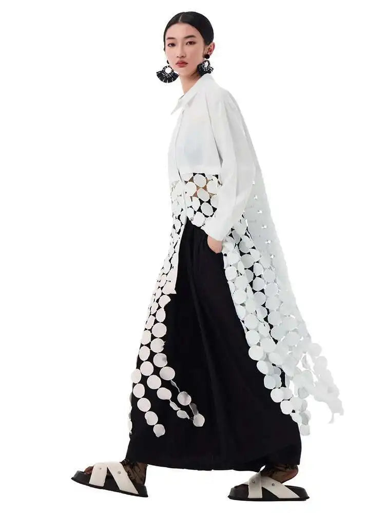 Women White Dot Tassels Hollow Out Midi Big Size Shirt Dress New Lapel Long Sleeve Fashion Tide Spring Autumn 2025 1DH9464