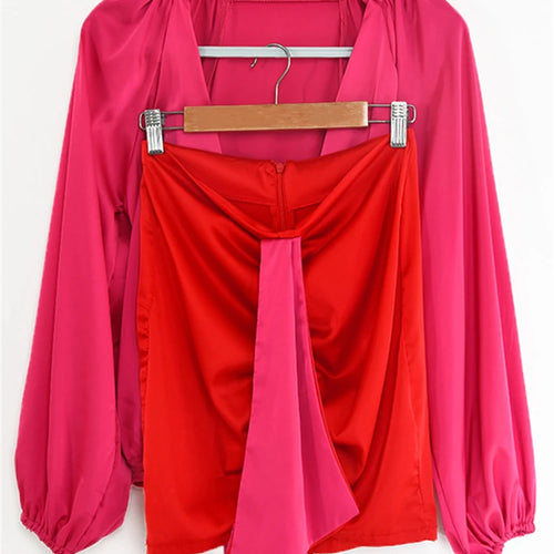 Load image into Gallery viewer, Sexy Deep V-neck Satin Two Piece Set Women Long Sleeve Top Short Skirt Sets Matching Casual Partywear Winter Women Set
