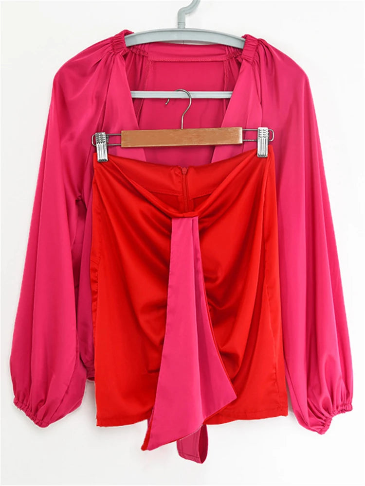 Sexy Deep V-neck Satin Two Piece Set Women Long Sleeve Top Short Skirt Sets Matching Casual Partywear Winter Women Set