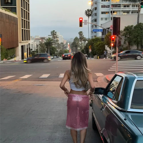 Load image into Gallery viewer, Sequin Summer Beach Sexy Skirt Women Elegant Sparkle High Waist A-line Skirts Female Pink Vacation Club Party Skirt
