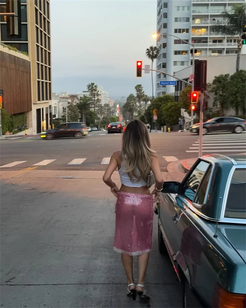 Sequin Summer Beach Sexy Skirt Women Elegant Sparkle High Waist A-line Skirts Female Pink Vacation Club Party Skirt