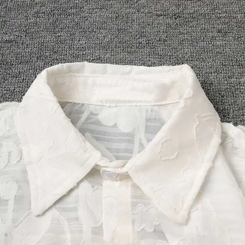 Load image into Gallery viewer, Women Beige Perspective Off Shoulder Big Size Blouse New Lapel Long Sleeve Shirt Fashion Tide Spring Autumn 2025 CPG2914
