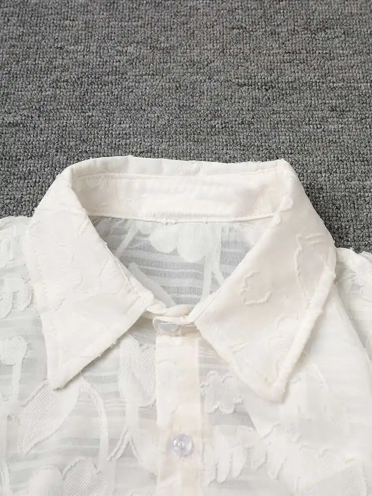 Women Beige Perspective Off Shoulder Big Size Blouse New Lapel Long Sleeve Shirt Fashion Tide Spring Autumn 2025 CPG2914