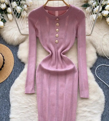 Retro 2024 Autumn Winter New Solid Long Sleeves Mini Dress Women's Elegant Office Lady Button Short Knit Dress Popular Clothing