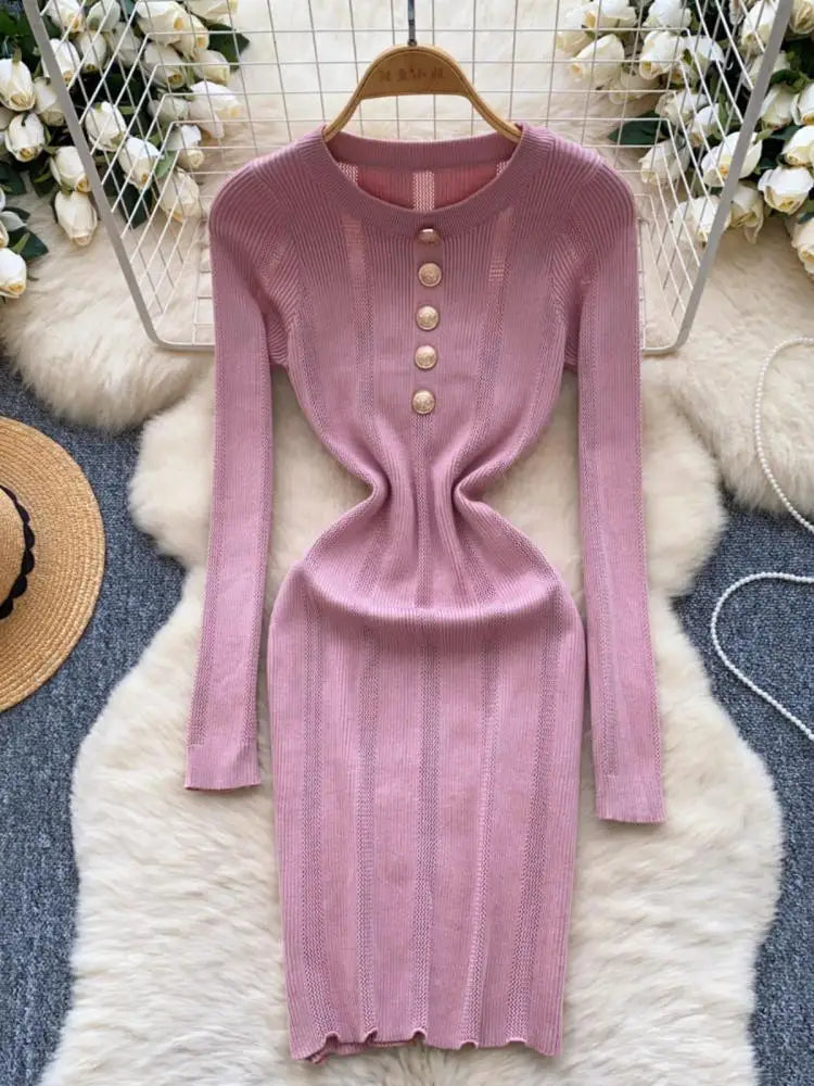 Retro 2024 Autumn Winter New Solid Long Sleeves Mini Dress Women's Elegant Office Lady Button Short Knit Dress Popular Clothing