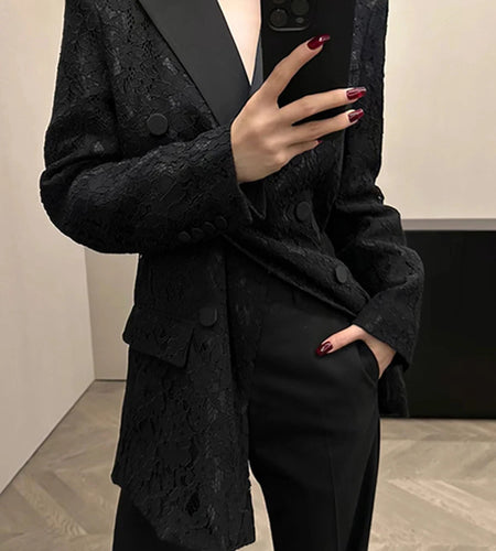 Slimming Spliced Lace Elegant Blazers for Women Lapel Long Sleeves Patchwork Double Breasted Blazer Female Clothing