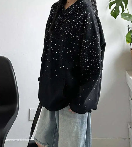 Black Rhinestones Shining Thick Sweatshirt New Hooded Long Sleeve Women Big Size Fashion Tide Spring Autumn 2025 1DJ0096