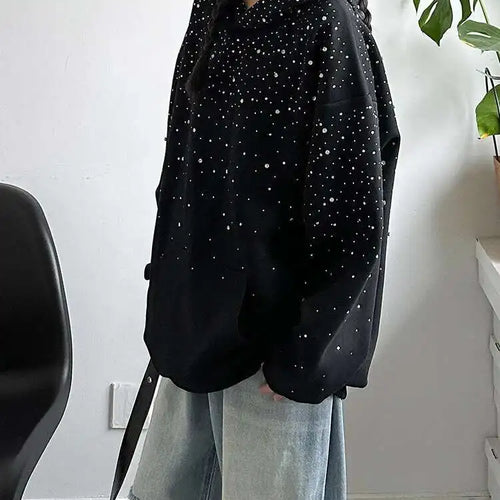 Load image into Gallery viewer, Black Rhinestones Shining Thick Sweatshirt New Hooded Long Sleeve Women Big Size Fashion Tide Spring Autumn 2025 1DJ0096
