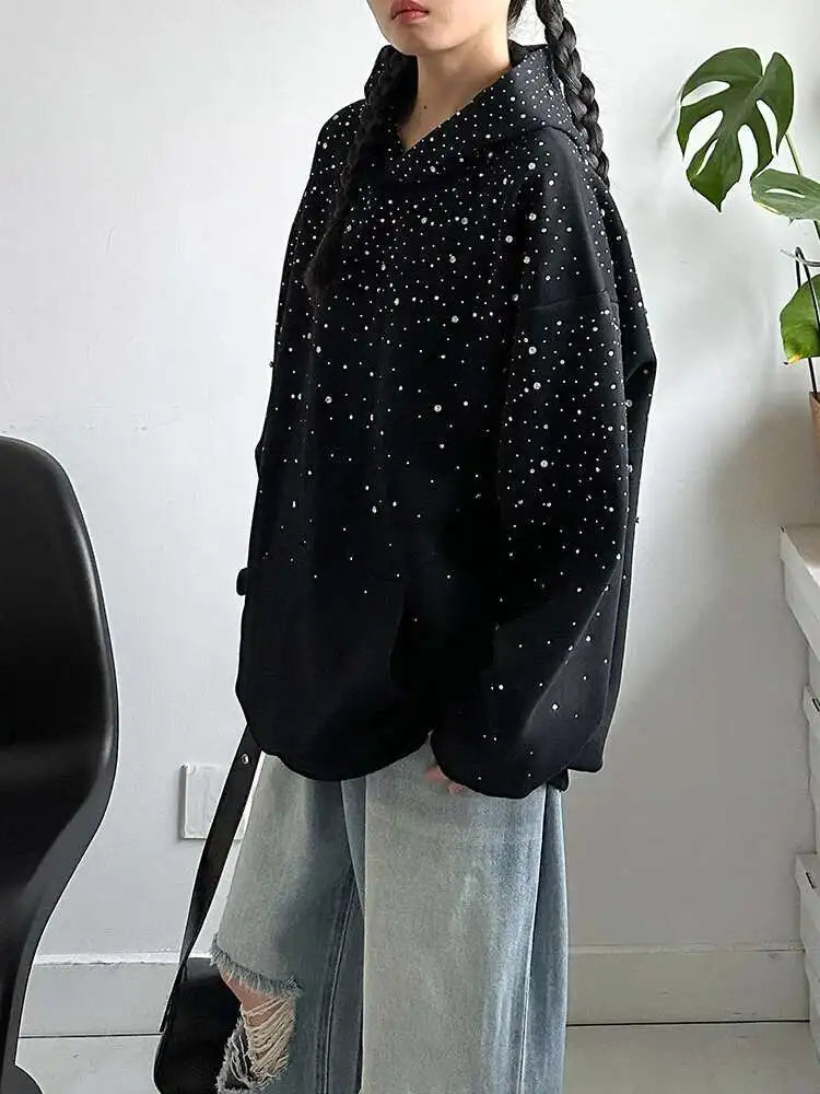 Black Rhinestones Shining Thick Sweatshirt New Hooded Long Sleeve Women Big Size Fashion Tide Spring Autumn 2025 1DJ0096