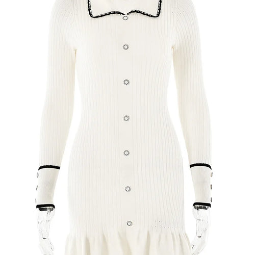 Load image into Gallery viewer, Elegant Knitted Sweater Button Elastic Slim Women Dress Lotus Leaf Edge Bodycon Long Sleeve Fall New 2024 Female Vestido
