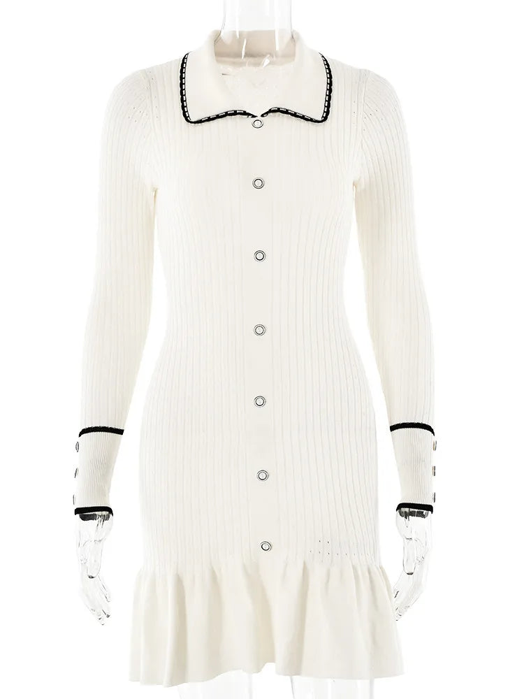 Elegant Knitted Sweater Button Elastic Slim Women Dress Lotus Leaf Edge Bodycon Long Sleeve Fall New 2024 Female Vestido