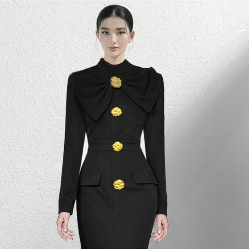 Load image into Gallery viewer, Solid Spliced Button Elegant Dresses for Women O Neck Long Sleeve High Waist Patchwork Button Slim Dress Female
