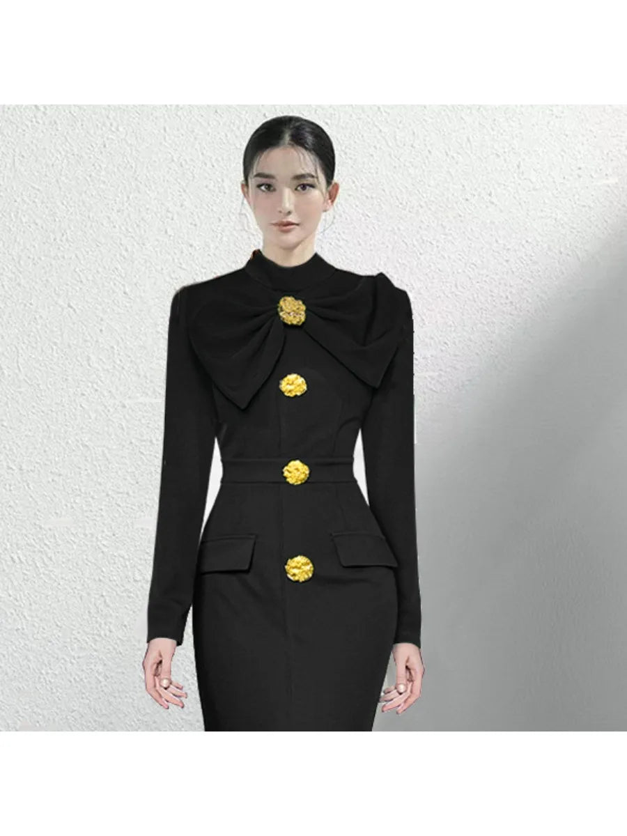 Solid Spliced Button Elegant Dresses for Women O Neck Long Sleeve High Waist Patchwork Button Slim Dress Female