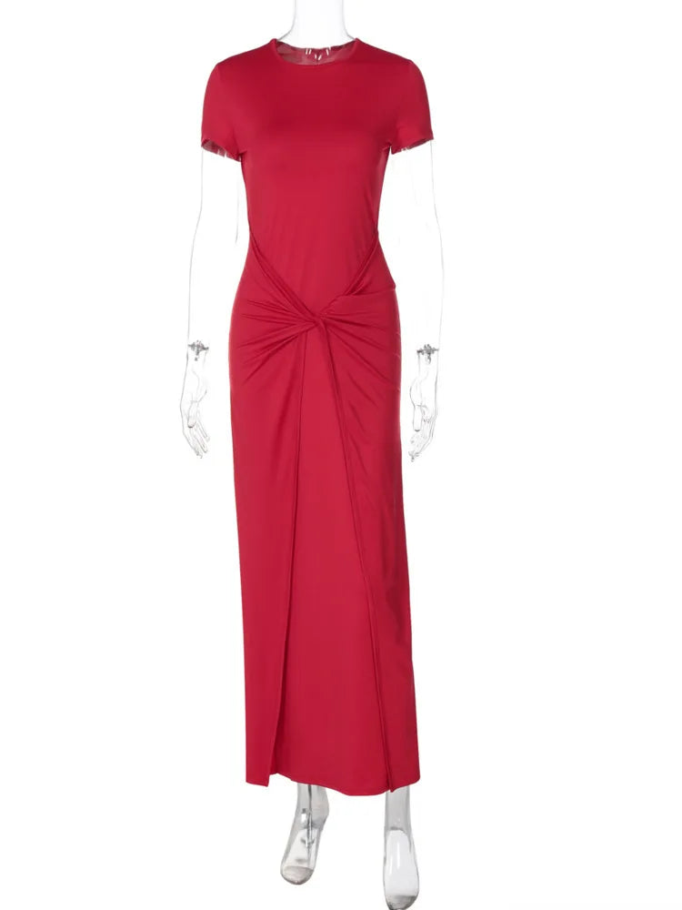 Short Sleeve Ruched Sexy Maxi Dress For Women Fashion Summer New Solid High Waist Slim Fit Elegant Long Dress Vestido