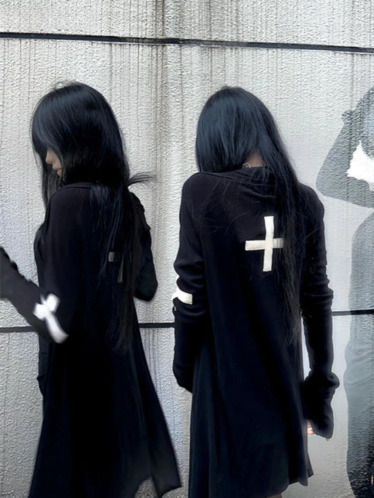 Harajuku Women Black Punk Jackets Gothic Vintage Y2k Aesthetic Loose Crucifix Printing Jacket Streetwear Grunge Irregular Tops