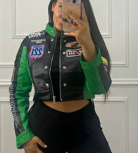 Hipster Patchwork Jacket Women Y2K Letter Print Hipster Uniform Street Single-Breasted Hipster Autumn Trend Zip Coats