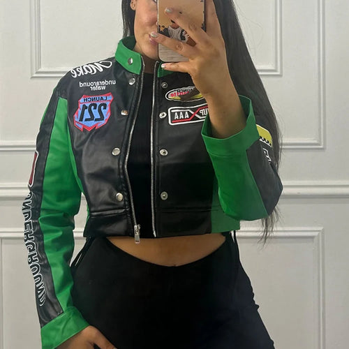 Load image into Gallery viewer, Hipster Patchwork Jacket Women Y2K Letter Print Hipster Uniform Street Single-Breasted Hipster Autumn Trend Zip Coats
