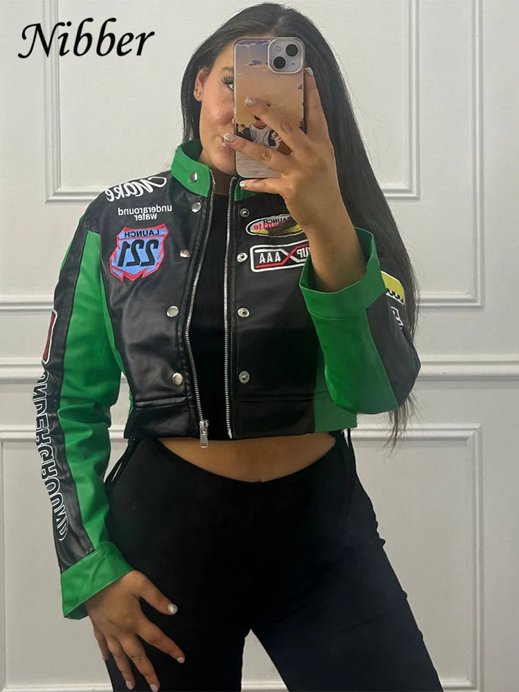 Hipster Patchwork Jacket Women Y2K Letter Print Hipster Uniform Street Single-Breasted Hipster Autumn Trend Zip Coats