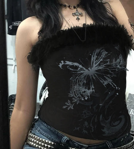 Vintage Butterfly Printed Faux Fur Trim Tube Tops Dark Gothic Off Shoulder Skinny Cropped Tank Top Y2K Hottie Clothes