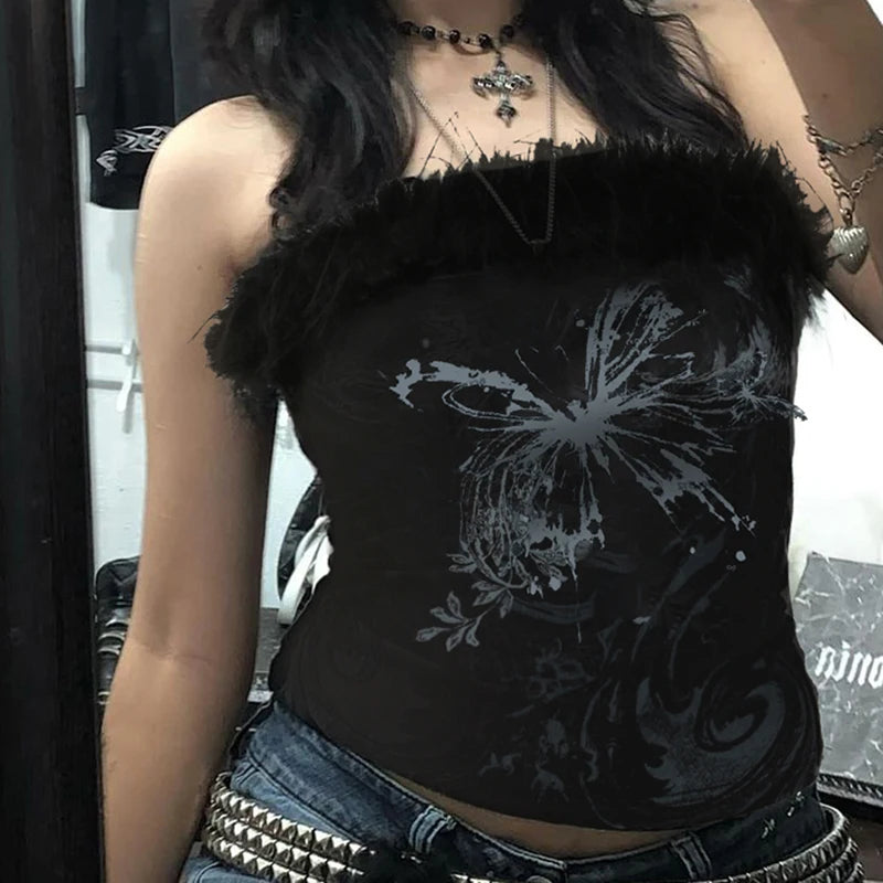Vintage Butterfly Printed Faux Fur Trim Tube Tops Dark Gothic Off Shoulder Skinny Cropped Tank Top Y2K Hottie Clothes