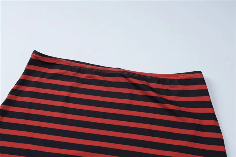 Striped Print Sexy Two Piece Set Women Floral V Neck Long Sleeve T-shirt And Mini Skirt Matching Set Sexy Two Piece Set