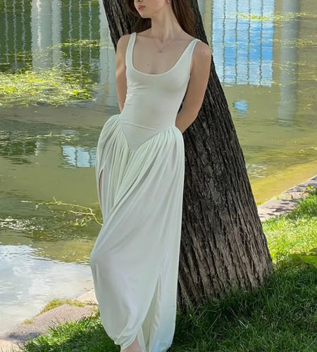 Articat Elegant Sleeveless Elastic Tight Long Dress Women Fluffy Skirt Split Backless Evening Dress Slim Party Vacation Vestidos