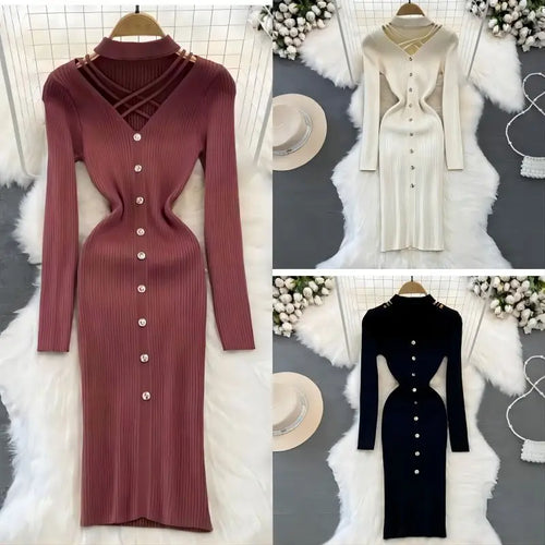 Load image into Gallery viewer, Black Single Breasted Dresses Ladies 2023 Autumm Winter Korean Style Beige Sweater Knitted Office Lady Elegant Red Dress Fashion
