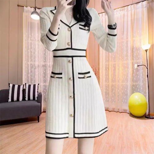 Load image into Gallery viewer, Autumn Winter Black White Patchwork High Wais A-line Knit Dress French Women's New Long Sleeved Slim Single Breasted Short Dress
