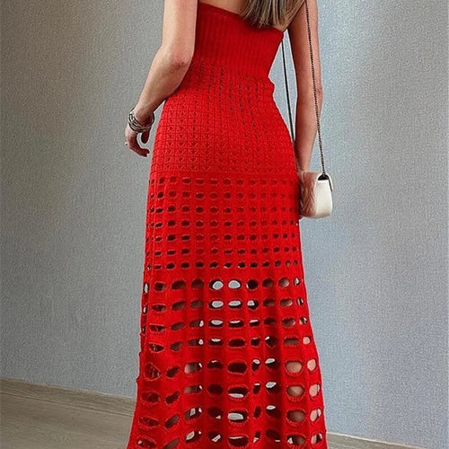 Load image into Gallery viewer, Strapless Off-shoulder Hollow Out Knit Maxi Dress For Women Gown Fashion Sleeveless Backless Beach Skinny Long Dress
