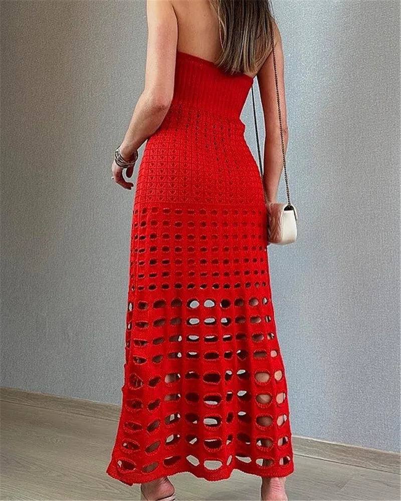 Strapless Off-shoulder Hollow Out Knit Maxi Dress For Women Gown Fashion Sleeveless Backless Beach Skinny Long Dress