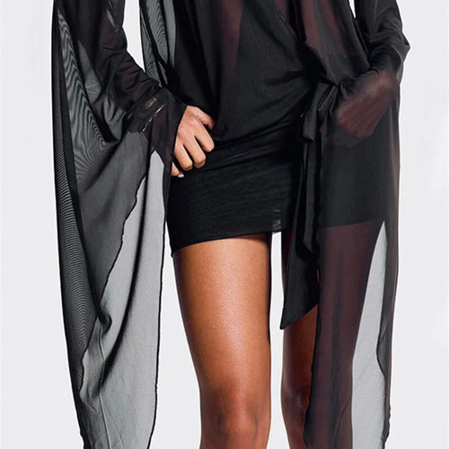 Load image into Gallery viewer, Mesh See Through Sexy Mini Dress For Women Black Sheer Mesh Deep V Neck Long Sleeve Backless Draped Ruched Dress
