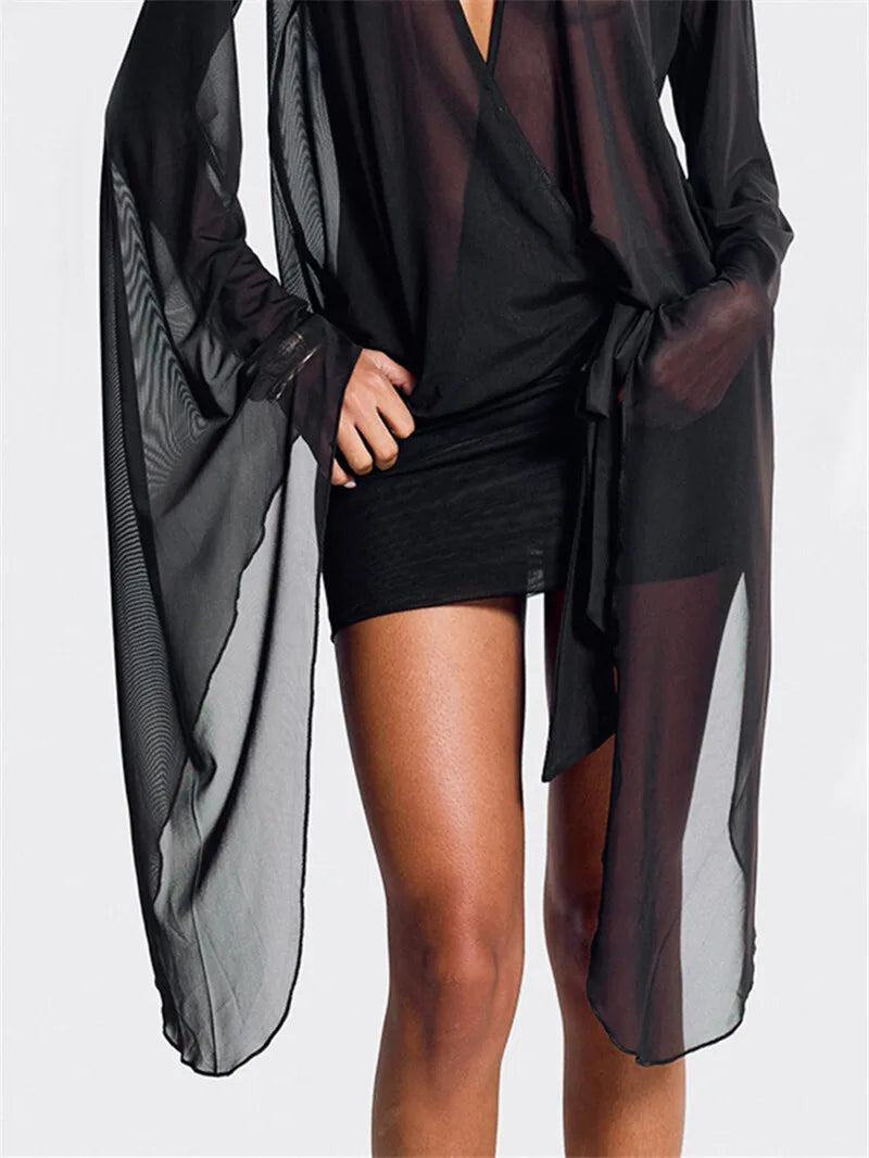 Mesh See Through Sexy Mini Dress For Women Black Sheer Mesh Deep V Neck Long Sleeve Backless Draped Ruched Dress