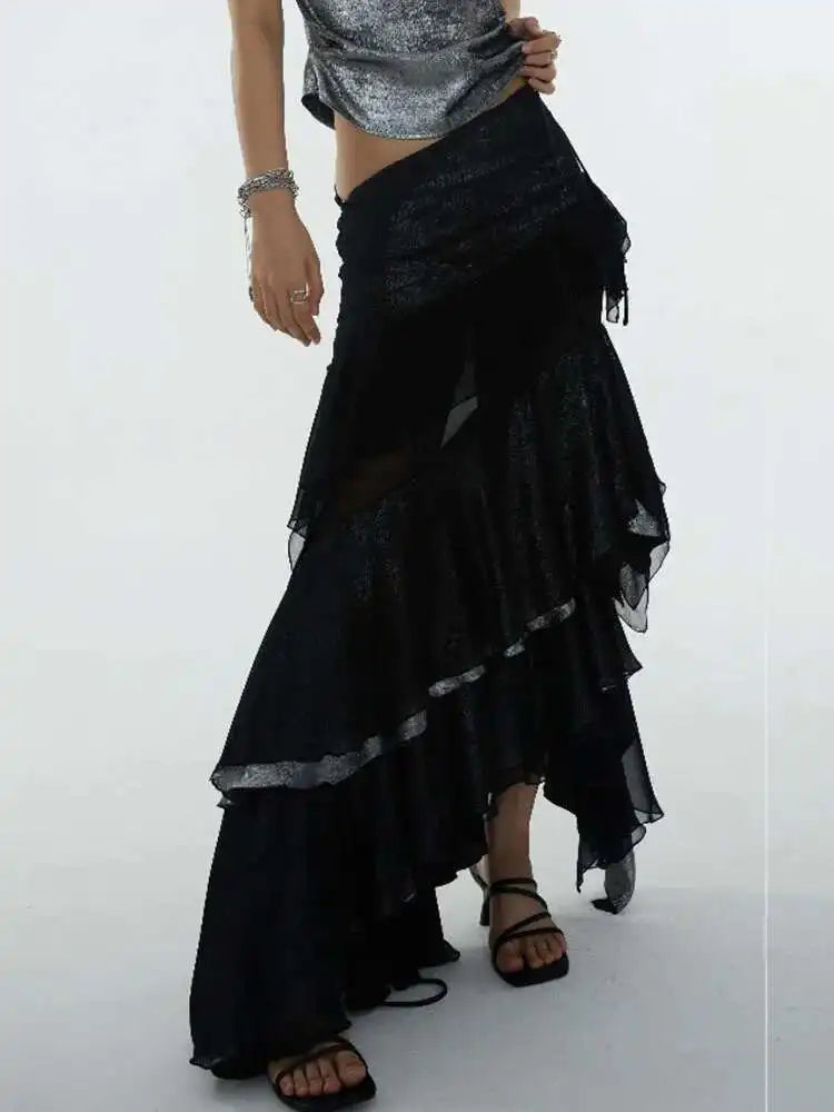 High Waist Black Irregular Mesh Ruffles Elegant Floor-Length Half-body Skirt Women Fashion New Spring Autumn 2025 1DH6274