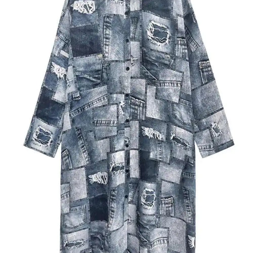 Load image into Gallery viewer, Women Blue Printed Big Size Midi Shirt Dress New Lapel Long Sleeve Loose Fit Fashion Tide Spring Autumn 2025 1DH0515
