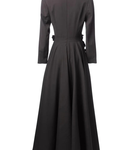 Solid Slimming Spliced Button Long Dresses for Women Lapel Long Sleeves High Waist Patchwork 3D Flower Dress Female